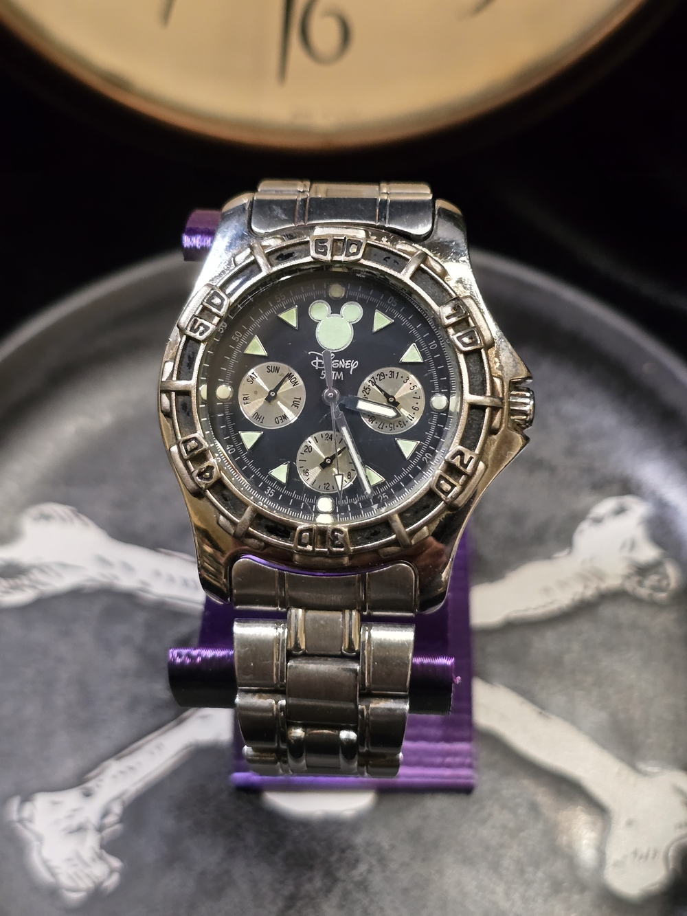 1990's Disney Stainless Steel Mickey Calendar Watch - Black Dial (FOSSIL)